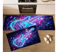 JEDTAKCT 2 Pièces Tapis De Cuisine, Antidérapant Absorbent Lavable, Ensemble Tapis De Coureur Guitare Néon Ciel Étoilé, Thème Musical Punk Bleu Foncé Imprimé Paillasson De Cuisine, 40X60+40X120Cm