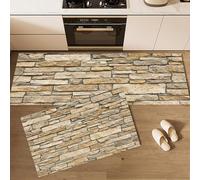 JEDTAKCT 2 Pièces Tapis De Cuisine, Antidérapant Absorbent Lavable, Ensemble Tapis De Coureur Mur en Pierre Industrielle 3D, Texture Rétro Marron Imprimé Paillasson De Cuisine, 50X80+50X150Cm