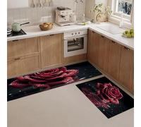 JEDTAKCT 2 Pièces Tapis De Cuisine, Antidérapant Absorbent Lavable, Ensemble Tapis De Coureur Mystère Roses Lacs, Plantes Élégantes Noir Rouge Imprimé Paillasson De Cuisine, 43X75+43X150Cm