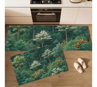 JEDTAKCT 2 Pièces Tapis De Cuisine, Antidérapant Absorbent Lavable, Ensemble Tapis De Coureur Paysage De Forêt Dense, Illustration Végétale Vert Émeraude Imprimé Paillasson De Cuisine, 44X75+44X120Cm