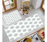 JEDTAKCT 2 Pièces Tapis De Cuisine, Antidérapant Absorbent Lavable, Ensemble Tapis De Coureur Thème Animaux De Dessin Animé, Chat Mignon Qui Dort Blanc Imprimé Paillasson De Cuisine, 43X75+43X150Cm