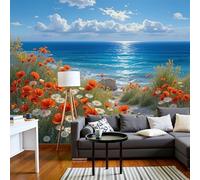 JEDTAKCT 3D Papier Peint Coquelicots Marguerites Plages Ciel Bleu Papier Peint Panoramique Pour Salon Chambre Salon Mural Fresque Poster Xxl Paysage Naturel Fond Décoration Murale 250X175Cm (L X H)
