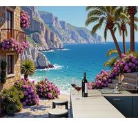 JEDTAKCT 3D Papier Peint Ville Tropicale Végétale Bleu Royal Papier Peint Panoramique Pour Salon Chambre Salon Mural Fresque Poster Xxl Paysage De Bord De Mer Fond Décoration Murale 250X175Cm (L X H)