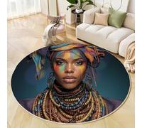 JEDTAKCT Bleu Foncé Tapis Salon Rond Femme Africaine Graffiti Ethnique Intérieur Tapis De Chambre Rond, Lavable Antidérapant Moquette Ronds pour Salon Chambre Enfant Salle À Manger 120 Cm