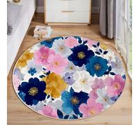 JEDTAKCT Bleu Foncé Tapis Salon Rond Fleurs Contrastées Plantes Simples Intérieur Tapis De Chambre Rond, Lavable Antidérapant Moquette Ronds pour Salon Chambre Enfant Salle À Manger 80 Cm