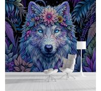 JEDTAKCT Chambre Papier Peint 3D Panoramique Fleurs De Bohême Loup 300X210Cm Papier Peint Mural Lune Mystérieuse Animal Indigo Pour Salon Canapé Tv Fond Décoration, Personnalisable Grande Taille