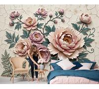 JEDTAKCT Chambre Papier Peint 3D Panoramique Pivoine Rococo En Relief 3D 200 X 140 Cm Papier Peint Mural Effet Craquelé Végétal Beige Pour Salon Canapé Fond Décoration, Personnalisable Grande Taille