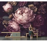 JEDTAKCT Chambre Papier Peint 3D Panoramique Plante Rétro-Réaliste 300 X 210 Cm Papier Peint Mural Pivoine Médiévale Violet Foncé Pour Salon Canapé Fond Décoration, Personnalisable Grande Taille