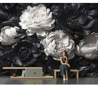 JEDTAKCT Chambre Papier Peint 3D Panoramique Relief Pivoine Rétro 3D 450X315Cm Papier Peint Mural Plantes Médiévales Noir Et Blanc Pour Salon Canapé Fond Décoration, Personnalisable Grande Taille
