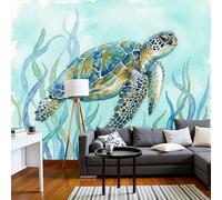 JEDTAKCT Chambre Papier Peint 3D Panoramique Tortue Aquarelle Algues 450X315Cm Papier Peint Mural Thème Animal Marin Turquoise Pour Salon Canapé Tv Fond Décoration, Personnalisable Grande Taille