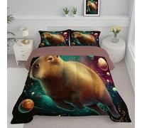 JEDTAKCT Couette 140X200Cm, Planète Capybara Couette Imprimée 4 Saisons pour Lit 1 Personnes, Animaux De l'espace Turquoise Edredon Legere, Réversible Edredon sans Houss Et Taies d'oreiller