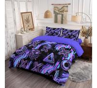 JEDTAKCT Couette 240X220Cm 4 Saisons Violet, Couette Légère Microfibre pour 2 Personnes Thème Géométrique Punk, Hypoallergénique Edredon Chaude Imprimée Triangles Cercles Graffitis Garnissage 200G/M²