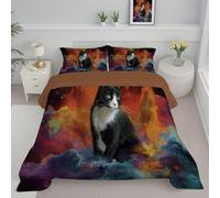 JEDTAKCT Couette 240X220Cm Chat Tuxedo Mignon Edredon Nébuleuse Fantastique Couette pour 2 Personnes, Douce Lavable Couettes 4 Saisons avec Taie d'oreiller 65X65Cm, Couettes sans Housse Orange Bleu