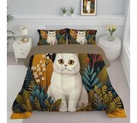 JEDTAKCT Couette 240X220Cm - Édredon Imprimée Chat Blanc Mignon Plantes Tropicales Réversible - Couette sans Housse pour 4 Saisons - Édredon Douce Et Taies d'oreiller 65X65 Cm - Jaune Moutarde