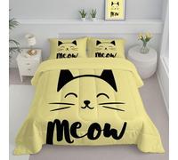 JEDTAKCT Couette 240X220Cm - Édredon Imprimée Chat Simple Lettres Animaux Mignons Réversible - Couette sans Housse pour 4 Saisons - Édredon Douce Et Taies d'oreiller 65X65 Cm - Jaune