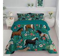 JEDTAKCT Couette 240X220Cm - Édredon Imprimée Chevaux Floral Animaux De Bohême Réversible - Couette sans Housse pour 4 Saisons - Édredon Douce Et Taies d'oreiller 65X65 Cm - Sarcelle