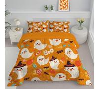 JEDTAKCT Couette 240X220Cm - Édredon Imprimée Fantôme De Bonbons De Dessin Animé Thème d'halloween Réversible - Couette sans Housse pour 4 Saisons - Édredon Douce Et Taies d'oreiller 65X65 Cm - Ambre