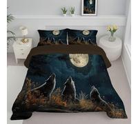 JEDTAKCT Couette 240X220Cm - Édredon Imprimée Pack De Loups De Pleine Lune Forêt Animale Réversible - Couette sans Housse pour 4 Saisons - Édredon Douce Et Taies d'oreiller 65X65 Cm - Deep Blue