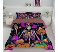 JEDTAKCT Couette 240X220Cm - Édredon Imprimée Sorcier Squelette Champignons d'halloween Réversible - Couette sans Housse pour 4 Saisons - Édredon Douce Et Taies d'oreiller 65X65 Cm - Violet Néon