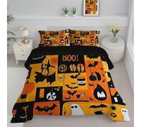 JEDTAKCT Couette 240X220Cm - Édredon Imprimée Thème Halloween Chauves Fantômes Citrouilles Réversible - Couette sans Housse pour 4 Saisons - Édredon Douce Et Taies d'oreiller 65X65 Cm - Ambre Orange