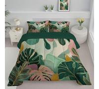 JEDTAKCT Couette 240X220Cm, Monstera Feuille d'or Couette Imprimée pour 4 Saisons Edredon Legere Duvet 2 Personnes en Microfibre, Plantes Abstraites Vert Émeraude Réversible Duvet Et Taies d'oreiller