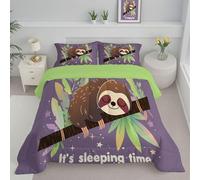 JEDTAKCT Couette 240X220Cm, Paresseux Palmier Couette Imprimée pour 4 Saisons Edredon Legere Duvet 2 Personnes en Microfibre, Animaux De Dessin Animé Violette Réversible Duvet Et Taies d'oreiller