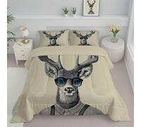 JEDTAKCT Couette 240X220Cm, Renne Rétro Couette Imprimée pour 4 Saisons Edredon Legere Duvet 2 Personnes en Microfibre, Animal De Style Britannique Beige Réversible Duvet Et Taies d'oreiller