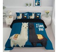 JEDTAKCT Couette 4 Saisons 260X230Cm Bleu Marine, Edredon Alpaga Bohème 3D pour Lit 2 Personnes, Couette Réversible sans Housse Lavable Couple Animal, Couverture Quilting Légère 200Gsm