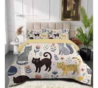 JEDTAKCT Couette Chat Bohème Fleurs 240X220Cm pour 2 Personnes Réversible | Edredon 240X220Cm 4 Saisons Animaux Mignons Dessinés À La Main Legere Douce Imprimée Chaude avec 2 Taies d'oreiller, Beige