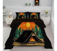 JEDTAKCT Couette D'Ete 240X220Cm Imprimé Camping en Forêt Legere Edredon, Couette en Microfibre Affiche Vintage Edredon, Douce Couverture, Légère Respirante, Lavable en Machine, Noir