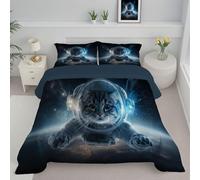 JEDTAKCT Couette sans Housse Lavable Chat Astronaute, Couette Réversible Ete Bleu Foncé Legere Fine - Douce Confortable, 4 Saisons Respirante Edredon Microfibre, 140X200Cm, Espace Fantastique