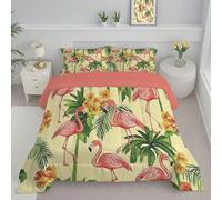 JEDTAKCT Couette sans Housse Lavable Jungle Flamant Rose, Couette Réversible Ete Jaune Legere Fine - Douce Confortable, 4 Saisons Respirante Edredon Microfibre, 240X220Cm, Animaux Tropicaux