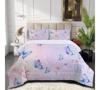 JEDTAKCT Couverture Réversible Douce 140X200Cm Motif Floral Bleu Morpho Onirique | Couverture 4 Saisons Hypoallergénique Respirante, Lianes en Dégradé Violet Édredon Matelassé avec Taies d'oreiller