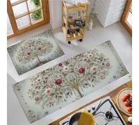 JEDTAKCT Ensemble De 2 Tapis De Cuisine Antidérapants Lavables Anti-Fatigue Beige, Tapis Imprimé Arbre À Fleurs De Cristal Superbe Plante pour Couloir Salle À Manger Entrée, 43X75+43X150Cm