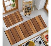 JEDTAKCT Ensemble De Tapis De Cuisine Antidérapants 2 Pièces Effet Bois Rustique Mur Vintage, Tapis De Sol De Cuisine Lavable Brun pour Buanderie Chambre Couloir Salle Manger Entrée