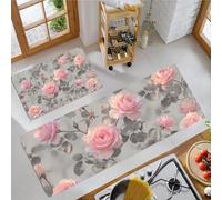 JEDTAKCT Ensemble De Tapis De Cuisine Antidérapants 2 Pièces Rose Élégante 3D Style Botanique Rococo, Tapis De Sol De Cuisine Lavable Gris pour Buanderie Chambre Couloir Salle Manger Entrée