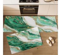 JEDTAKCT Ensemble De Tapis De Cuisine Antidérapants 2 Pièces Vortex De Marbre Vagues De Feuilles d'or, Tapis De Sol De Cuisine Lavable Vert Émeraude pour Buanderie Chambre Couloir Salle Manger Entrée