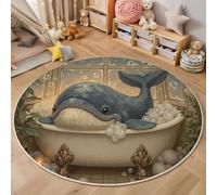 JEDTAKCT Grande Rond Tapis De Chambre À Coucher Décoration Lavable, Imprimé Baleine Bulles Baignoire Illustration Amusante Interieur Antidérapant Douce Salon Tapis Rond D'Entrée, 160 Cm, Marron Bleu