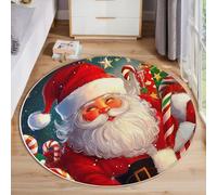 JEDTAKCT Grande Rond Tapis De Chambre À Coucher Décoration Lavable, Imprimé Père Noël Amusant Peinture À l'huile De Noël Interieur Antidérapant Douce Salon Tapis Rond D'Entrée, 80 Cm, Rouge Foncé