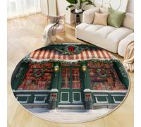 JEDTAKCT Grande Rond Tapis De Chambre À Coucher Décoration Lavable, Imprimé Thème De Noël Boutique Rétro Interieur Antidérapant Douce Salon Tapis Rond D'Entrée, 120 Cm, Vert Foncé
