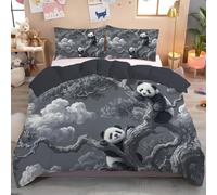 JEDTAKCT Housse De Couette 200X200Cm Forêt De Pandas Parure De Lit 2 Personnes Motif Animaux Rétro Ensemble De Literie en Microfibre avec Fermeture Éclair Taies d'oreiller, Gris Anthracite