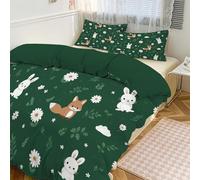 JEDTAKCT Housse De Couette Renard Mignon Lapin 260X240 Marguerite Simple Imprimé Parure De Lit 3 Personnes Vert Foncé Sets De Housse Couette en Microfibre avec Taies d'oreiller, Fermeture Éclair
