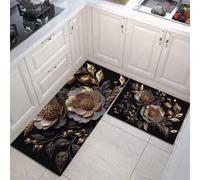 JEDTAKCT Lot De 2 Tapis Cuisine Antiderapant Lavable Relief Floral Antique 3D, Tapis De Cuisine Anti-Fatigue Design Plantes Luxuriantes Or Noir pour Couloir Salle À Manger Entrée Et Porte