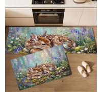 JEDTAKCT Lot De 2 Tapis De Cuisine Antidérapant Cerf De La Forêt À L'Aquarelle | Lavable Tapis De Sol Fleurs Naturelles Herbe avec Ruban Antidérapant pour Couloir, Salle De Bain, 44X75+44X120, Bleu