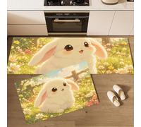 JEDTAKCT Lot De 2 Tapis De Cuisine Antidérapant Mignon Lapin Blanc Souriant | Lavable Tapis De Sol Soleil Fleurs Herbe avec Ruban Antidérapant pour Couloir, Salle De Bain, 40X60+40X120, Jaune