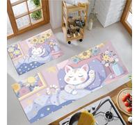 JEDTAKCT Lot De 2 Tapis De Cuisine Antidérapants Chat Mignon Qui Dort, Paillasson Lavable avec Illustration Animale, Tapis Cuisine Anti-Fatigue pour Salle Manger Décorations Intérieures, Bleu Clair