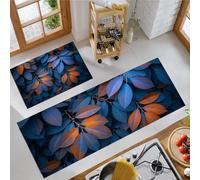 JEDTAKCT Lot De 2 Tapis De Cuisine Antidérapants Lavables, Feuilles Naturelles 3D Art Botanique Punk, Tapis De Cuisine avec Autocollants Antidérapants pour Couloir, 40X60Cm+40X120Cm, Bleu Foncé