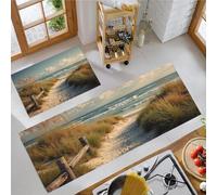 JEDTAKCT Lot De 2 Tapis De Cuisine Antidérapants Lavables, Herbe Naturelle Dunes De Sable Paysage De Plage, Tapis De Cuisine avec Autocollants Antidérapants pour Couloir, 50X80Cm+50X150Cm, Bleu-Gris