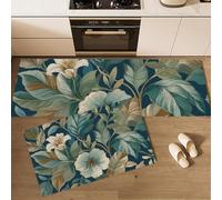 JEDTAKCT Lot De 2 Tapis De Cuisine Antidérapants Lavables Lys Tropical Feuilles, Ensemble Tapis De Coureur Anti-Fatigue Illustration Végétale pour Cuisine Évier Bureau, Vert Foncé, 44X75+44X120Cm