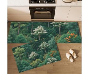 JEDTAKCT Lot De 2 Tapis De Cuisine Antidérapants Lavables Paysage De Forêt Dense, Ensemble Tapis De Coureur Anti-Fatigue Illustration Végétale pour Cuisine Évier Bureau, Vert Émeraude, 40X60+40X120Cm